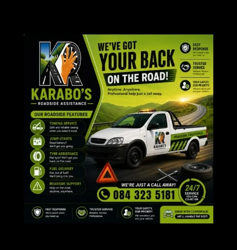 KR Assistance roadside services poster showing towing, jump-start, tyre assistance, fuel delivery and 24/7 support
